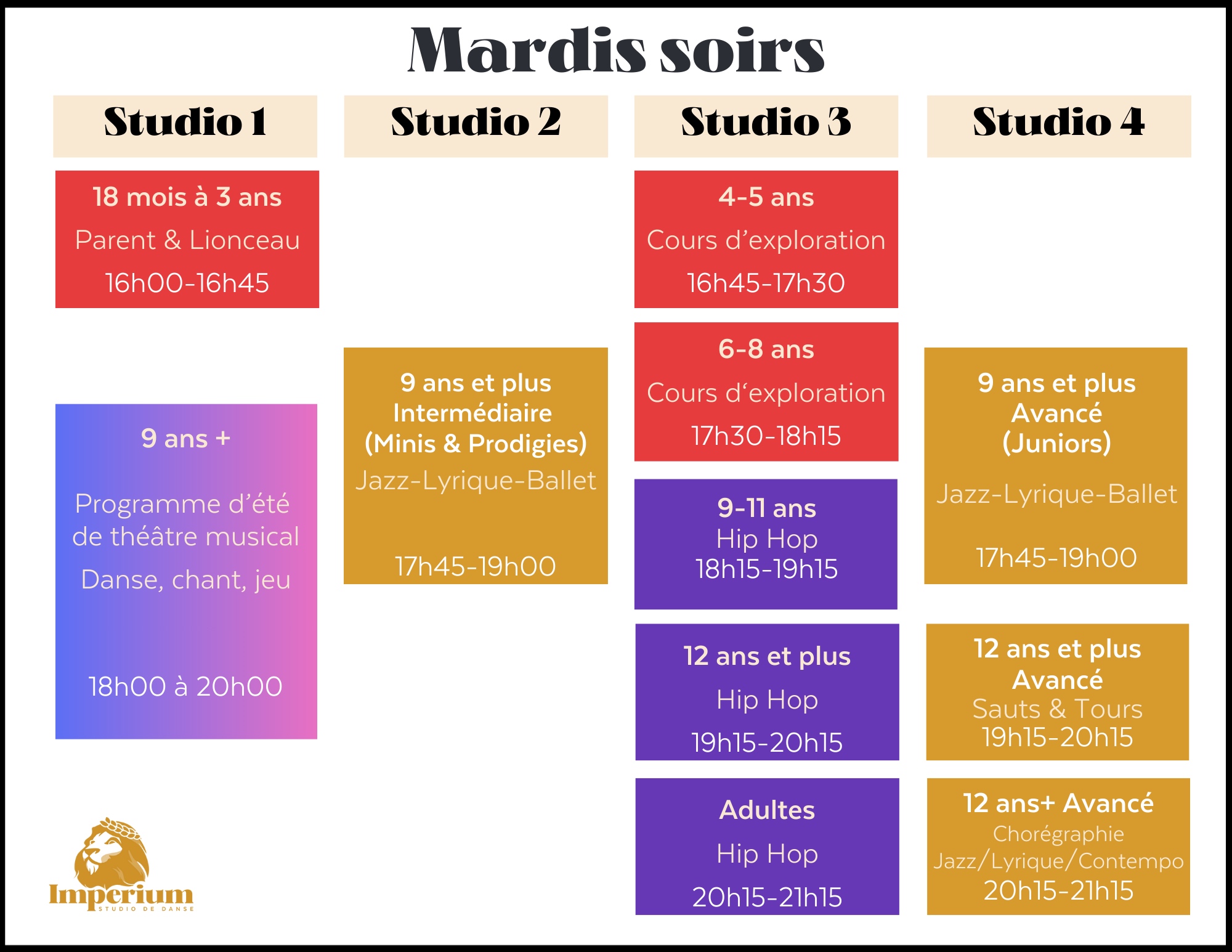 2026 Horaire cours d'été - Été 2025 Mardi soir
